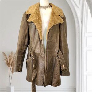 Outerbrook Grunge Distressed Brown Leather Fur Trim Coat Jacket Plus Size 2X XXL